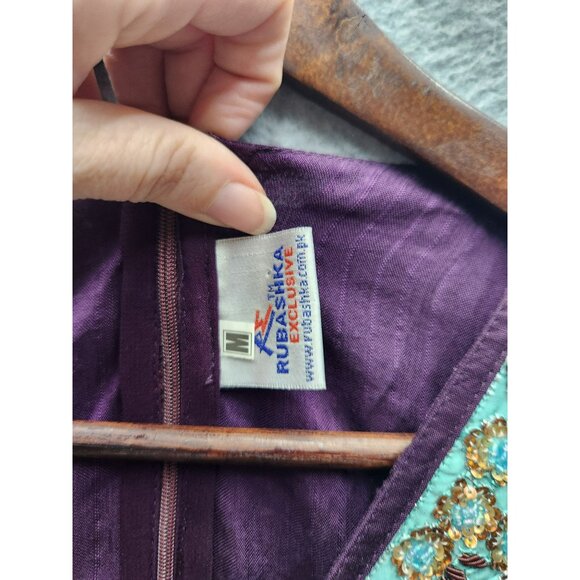 Embroidered Rubashka Couture Purple & Teal Kaftan Long Dress With Beaded Detail - Picture 5 of 9